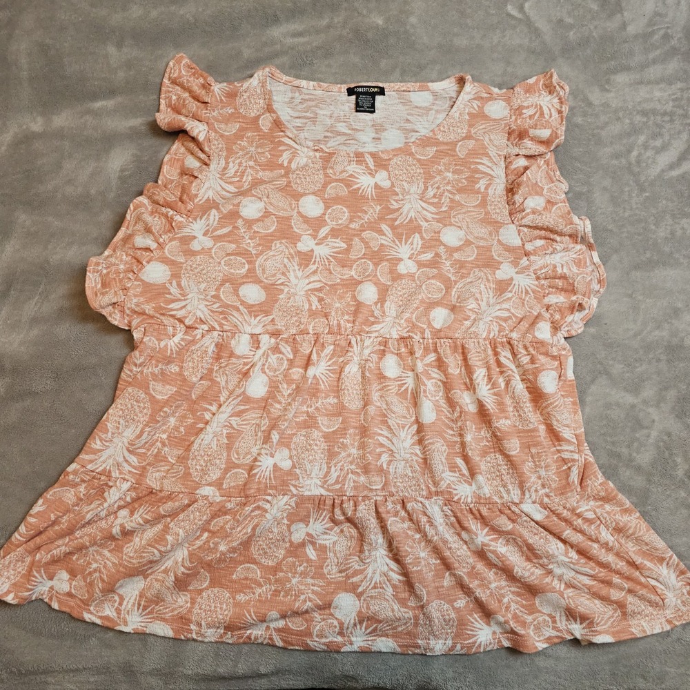 Robert Louis Blouse Women 1X‎ Smocked Babydoll Flutter Sleeve PineappleShirt